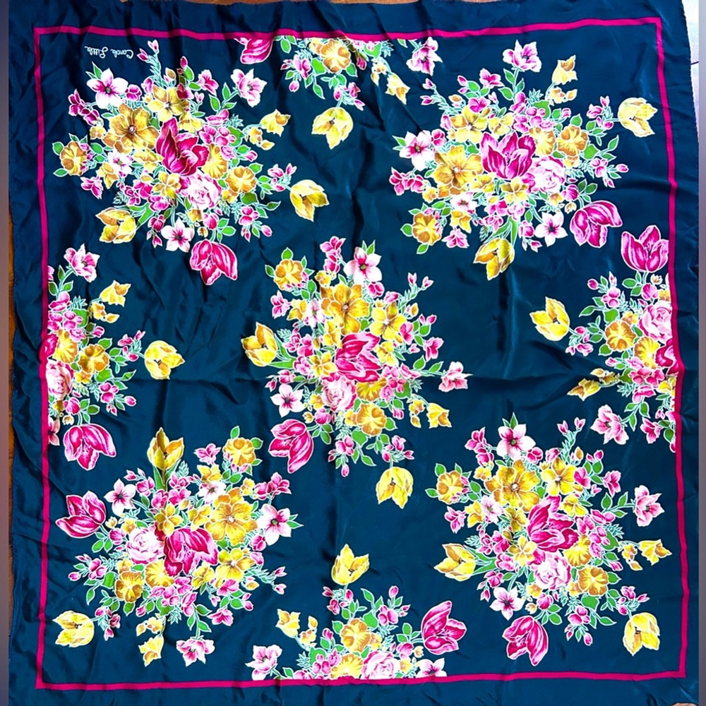 Carole Little Floral Silk Scarf With Pink And Yellow Accents